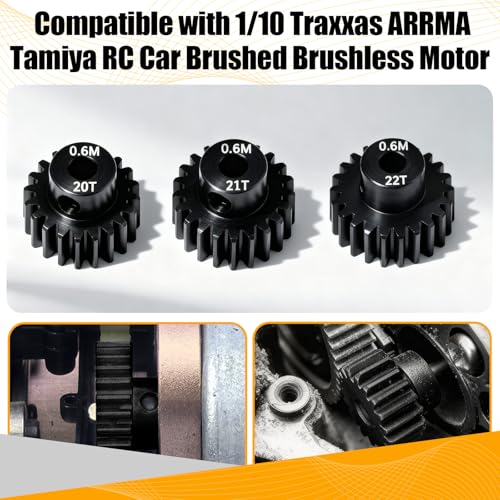 3PCS 0.6M Hardened Steel Pinion Gear Set with 3.175mm Shaft, 0.6 Metric Pitch 20T 21T 22T Pinion Gears for 540 550 Brushed Brushless Motor, Compatible with 1/10 Tamiya Redcat HSP HPI RC Car - size: 20 21 22T