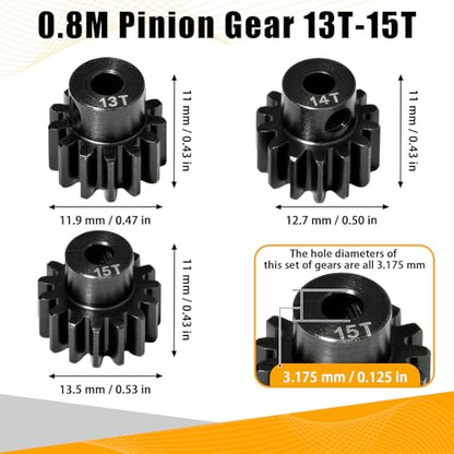 0.8M Pinion Gear Set Hardened Steel 3.175mm Shaft 13T 14T 15T Pinion Gears with Screws and Hex for Tamiya, Traxxas, Arrma, Axial, Losi, HPI 1/10 RC Car Brushless Brush Motor Upgrade - size: 13 14 15T
