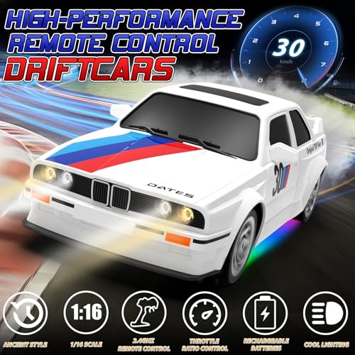 Remote Control Cars 1:16 Scale RC Drift Car 2.4Ghz 30KM/H High Speed 4WD RTR Racing Car with Drift Tires LED Lights 2PCS Rechargeable Batteries RC Sport Cars Toys for Adults Boys Girls Kids Gift - color: White