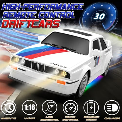 Remote Control Cars 1:16 Scale RC Drift Car 2.4Ghz 30KM/H High Speed 4WD RTR Racing Car with Drift Tires LED Lights 2PCS Rechargeable Batteries RC Sport Cars Toys for Adults Boys Girls Kids Gift - color: White