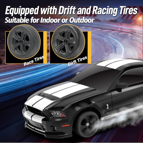 YONCHER RC Drift Car, Remote Control Car for Kids Ford Mustang Shelby GT500 Officially Licensed, 1:24 20KM/H 4WD RC Cars with Lights, Fast Racing Toy Car for Boys Girls, Black - color: Gt500 Black