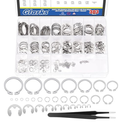 Glarks 302Pcs 304 Stainless Steel C-clip External Retaining Rings and E-clip Retaining Rings Assortment Set, 202Pcs 4MM-28MM Circlip Snap Retaining Clip and 100Pcs E-Ring Circlip Rings and A Tweezer