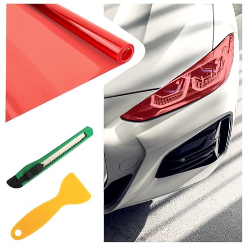 12×47 Inch Car Headlight Tint Film,Self-Adhesive Tail Light Tint Film Kit with Squeegee & Cutter,Universal Taillight Tints Films Automotive Exterior Accessories for Car Fog (Red) - color: Red