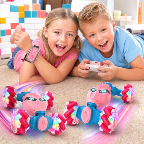 Pink Rc Gesture Sensing Stunt Car Toys for Girls 3 4 5 6 7 8 9 10 1112 Years Old, Drift Hand Control Remote Control Cars with Light & Music, 4WD 360°Rotation Double Side Cars Birthday Gifts for Kid - color: Pink
