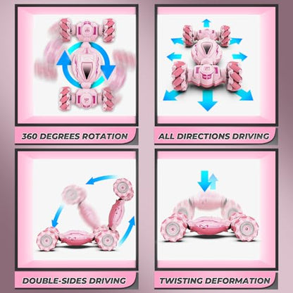 Dysaim Gesture RC Car, Gesture Sensing RC Stunt Car Toys for Kids 6-12 yr, 2.4GHz 4WD Hand Remote Control with Lights Music, Off-Road 360° Rotation Drift for Birthday Toy Gifts - color: Pink