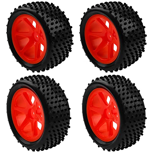 12mm Hex Plastic Wheel Rims & OD 88mm/3.46" Rubber Tire Front Rear Tyre Compatible with Redcat HPI HSP ExceedRC Kyosho Losi 1/10 Scale Off Road Buggy (Red) - color: Red