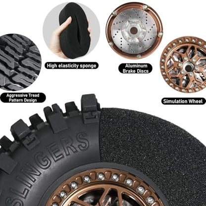 2.2 RC Crawler Tires Wheels Set, Mud Terrain Tires with Aluminum Beadlock Rims Brake Discs, 12mm Hex 5.5mm Positive Offset for Axial SCX10 SCX10 II III Pro Traxxas TRX4 TRX6 Redcat Gen8 VS4-10 - color: Bronze