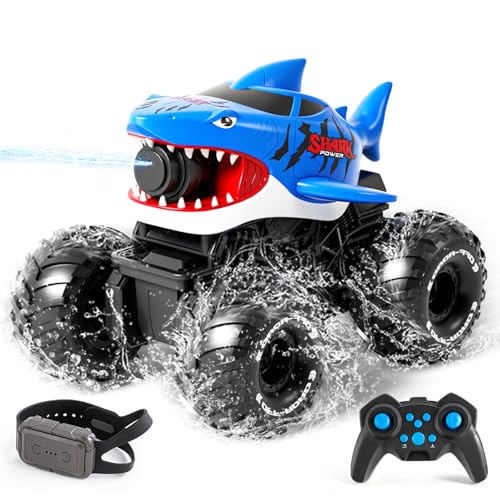 Gesture Sensing Amphibious Remote Control Shark Monster Truck with Water Squirt 4WD 1:16 RC Car All-Terrain Waterproof RC Tank Pool Toy Outdoor Summer Gifts for Kids Age 6+（With 2 Replaceable battery) - color: Bule