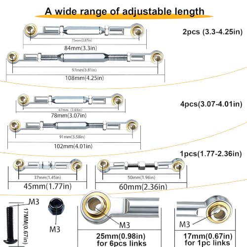 Stainless Turnbuckles Links with Rod Ends for 1/10 Traxxas Slash,Silver | Adjustable Camber Links with Spacers for Rustler 4X4/2WD, Stampede 4X4, Hoss 4X4, Bandit/VXL RC Car Hops Up Parts - color: Silver