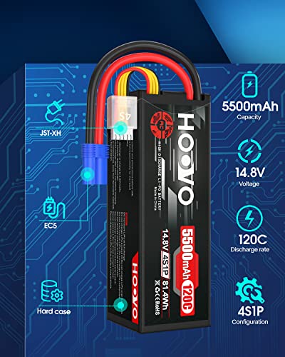 HOOVO 4S Lipo Battery 14.8V 5500mAh 120C RC Battery Hard Case EC5 Connector | 2 Pack,Compatible with Arrma Kraton 8S RC Buggy Truggy Crawler Monster Car Boat Truck - style: 4S 5500mAh 120C-EC5-2Pack(Hard Case)
