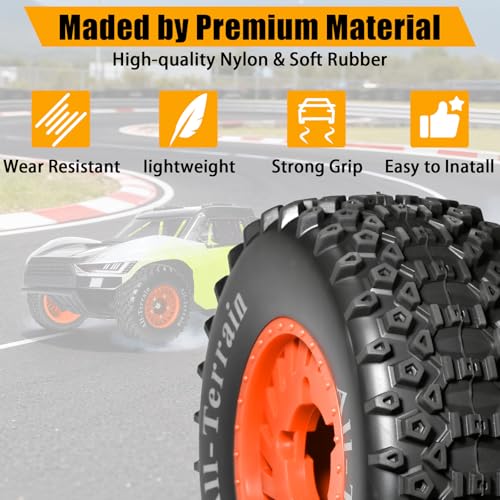 1/10 Short Course Truck Wheel Tires Set - 12mm/17mm Hex, Orange | All-Terrain Tires and Nylon Wheels Compatible with 1/10 Traxxas Slash 4WD 2WD Arrma Senton Axial Losi Redcat RC Buggy, 4-Pack - color: Orange