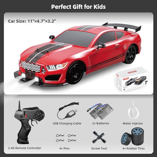 RC Drift Car 2.4GHz 1:16 Scale 4WD High Speed Remote Control Cars Vehicle with LED Lights Two Batteries and Drifting Tires Racing Sport Toy Cars for Adults Boys Girls Kids - color: Red