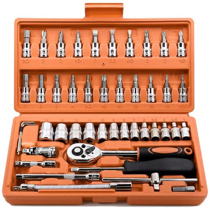 Egofine 46 Pieces 1/4 inch Drive Socket Ratchet Wrench Set, with Bit Socket Set Metric and Extension Bar for Auto Repairing and Household, with Orange Storage Case - style: 1/4" 46 PCS-Orange