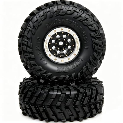 HOBBYSOUL 70mm Tall 1.0 Beadlock Wheels and Tires Set, Adjustable Offset Brass 1.0'' Wheels Rims White Black and Soft Sticky 1'' Tires for RC Crawler TRX4M SCX24 Upgrades - color: White & Black