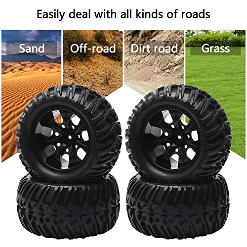 1/10 Monster Truck Tires & Wheels, Black, 4PCs Unmounted Set | 5" 128mm Off-Road RC Tires, 12mm Hex 7-Spoke Rims, Compatible with Traxxas Stampede, Compatible with Arrma Granite - color: Black