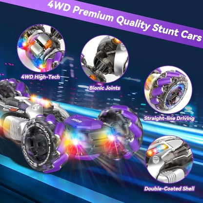 Nicella Gesture Sensing RC Stunt Car, Remote Control Cars Transformer Toys for Age 5-7 6-12 8 9 10 11 Yr Boys Girls Birthday Halloween, 2.4Ghz Hand Control 360° Rotating Toys Car - color: Purple/White