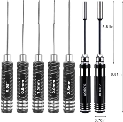 Drone Tool Kit -7Pcs RC Hex Driver Set – Steel 0.05″ Allen Wrench 0.9mm 1.5mm 2.0mm 2.5mm nut Driver 5.5mm 7.0mm Aluminum Handle Steel Hexagon Screwdriver for traxxas RC Car Truck FPV Helicopter