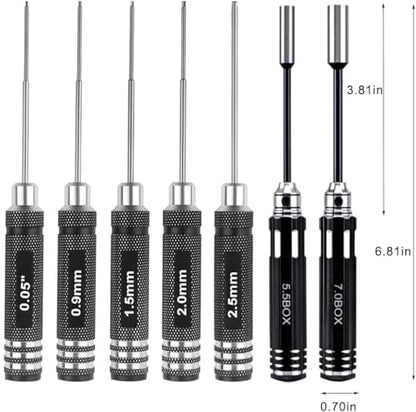 Drone Tool Kit -7Pcs RC Hex Driver Set – Steel 0.05″ Allen Wrench 0.9mm 1.5mm 2.0mm 2.5mm nut Driver 5.5mm 7.0mm Aluminum Handle Steel Hexagon Screwdriver for traxxas RC Car Truck FPV Helicopter