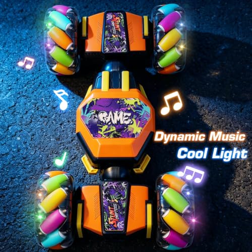 Gesture Sensing RC Stunt Car for Kids 6-12, 4WD Hand Controlled with Rainbow Wheels, Light & Music, Program & Play