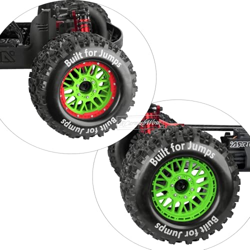 1/8 1/10 17mm Hex RC Truck Tires,Wheels and Tires for 1/10 E-Revo T-Maxx Summit,1/8 Kraton Outcast 6S,Sledge,Buggy Rubber Tyres and Rims w/Foam Insert for RC Off-Road Car,Green-Red - color: Green&red(4pcs)