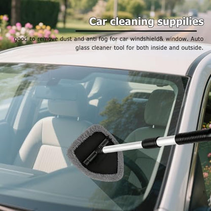 Car Windshield Cleaner Tool, Extendable Handle Pentagonal Vehicle Window Cleaning Kit with 4 Reusable Pads Spray Bottle, Auto Windscreen Detailing Cleaner, Universal Fit (Grey) - size: Grey
