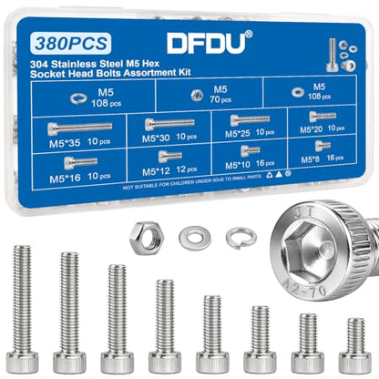 380PCS M5 Hex Socket Head Cap Screw Assortment Kit 304 Stainless Steel | Metric Machine Bolts and Nuts, Flat & Spring Washers, M5x8/10/12/16/20/25/30/35 mm for 3D Printer, RC Car, Drones, DIY Repair - size: SS M5 380PCS