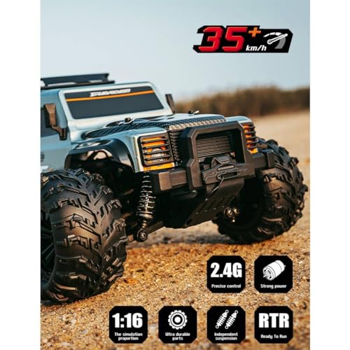 1:16 Scale RC Off-Road 4WD Truck, Full Proportional Control RTR Electric RC Truck with LED Headlights, Gear Differential, Large Tires, High-Clearance Suspension, for Hobbyists and RC Enthusiasts - color: Brown