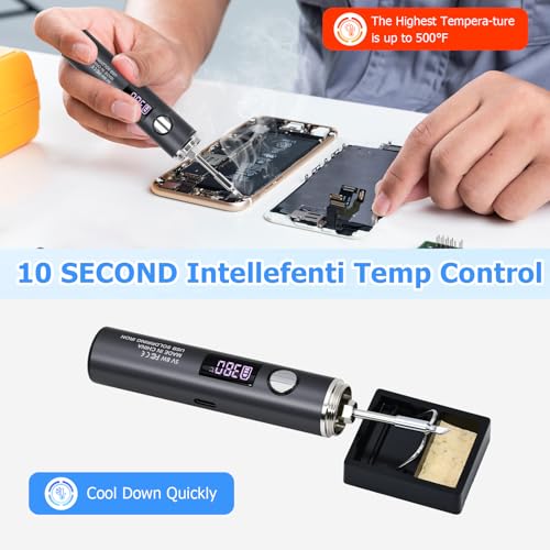 Cordless Soldering Iron,10-in-1 for Electronics DIY & Repair 1400mAh | 7s fast heat, 500–788℉ adjustable temp, LED & OLED display; 3 tips, pump, 2 tweezers, stand, sponge, solder wire, storage bag