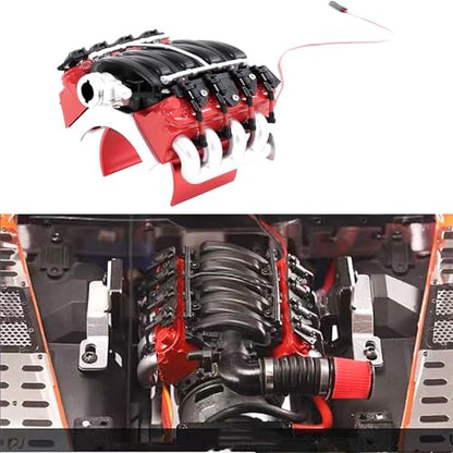 1/10 RC V8 Engine Simulated Radiator Cover with Heatsink & Cooling Fan, RC Motor Heat Dissipation Upgrade Parts, Compatible with 1:10 Crawler Car Traxxas TRX4 Axial SCX10 D90 90047 Red-Black