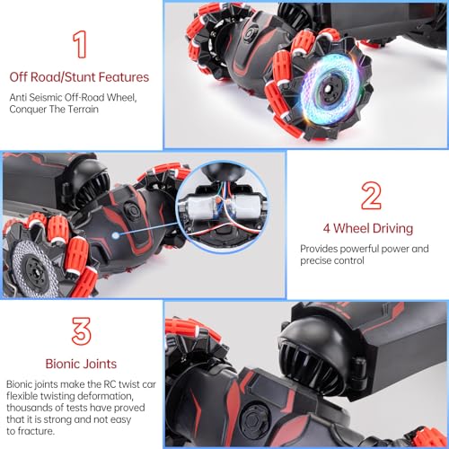 Gesture Sensing RC Stunt Car, 360° Off-Road,Gift for 5-13 Kids | Dual gesture & remote control, 4WD 360° rotating drift RC car with cool lights & music, ideal birthday gift for 5-13 boys - color: L-red