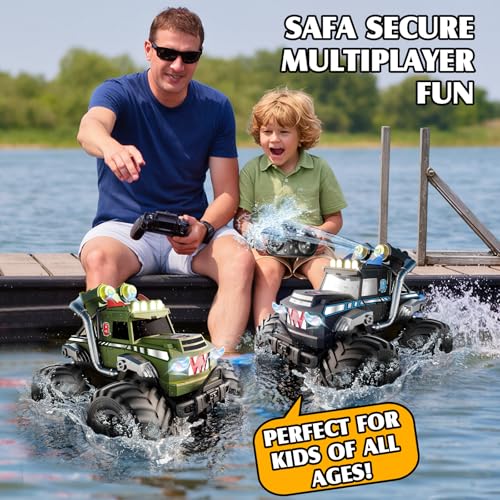 Dual Remote Control RC Car with Magic Gesture Wristband & 40+ Min Play, 1:18 Fully Submersible Waterproof All Terrain 4WD Monster Truck, Amphibious Toy Crawler Gift for Boys Girls Ages 6-12-Green - color: Green 2