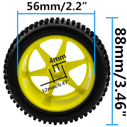 4Pcs HIRCQOO OD 88mm/3.46" Front Rear Rubber Tire Tyre & Plastic Wheel Rims 12mm Hex Compatible with Redcat Shockwave HPI HSP ExceedRC Kyosho 1/10 Scale Off Road Buggy (Yellow) - color: Yellow
