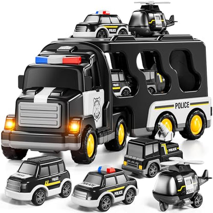 JUKUDAHU Police Truck Toy for 3 4 5 6 Years Old Boys - Carrier Vehicle Toy Set with 3 Small Cars and 1 Helicopter, Kids Firction Powered Car for Age 3-9, Gifts for Boys and Girls - style: 5 IN 1 Police Truck