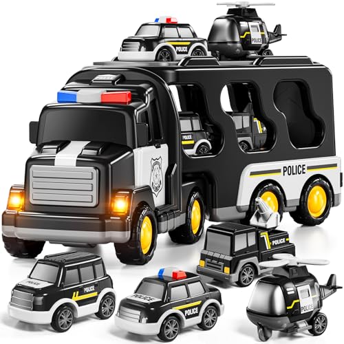JUKUDAHU Police Truck Toy for Boys 4-8 Years Old - Carrier Vehicle Toy Set | 3 Small Cars and 1 Helicopter, Kids Firction Powered Police Car Toy for Age 3-9, Sound and Light, Gifts for Boys and Girls - style: 5 IN 1 Police Truck