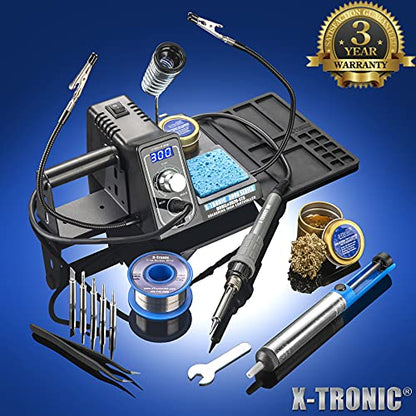 The Original X-Tronic 3020-XTS • 75W Soldering Iron Station Kit • 2 Helping Hands • 5 Extra Tips • Roll of Solder • Brass Sponge & Flux • Tweezers • Solder Sucker • °C/°F Toggle & Sleep Features! - style: Classic Style - 5 Extra Tips Plus Accessories