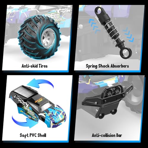 Remote Control Car, All Terrain Remote Control Truck for Boy, 2.4GHz Rc Car with Bodylight and Two Rechargeable Batteries, 20KM/H Monster Truck Toys