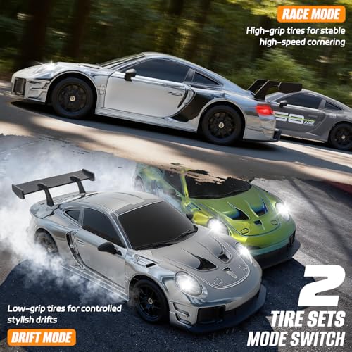 RC Drift Car, 1:24 4WD Remote Control Cars Vehicle with LED Light,2.4GHz 20KM/H High Speed RC Cars with Two Batteries & Drifting Tires Racing Sport Toy for Adults Boys Girls Kids Silve - color: Silver