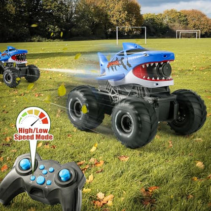 BOBXIN Amphibious Remote Control Shark Monster Truck Squirt Water,4WD All-Terrain Off-Road 2.4Ghz Waterproof RC Car Pool Water Toys for Kids Age 6+ Blue - color: Blue