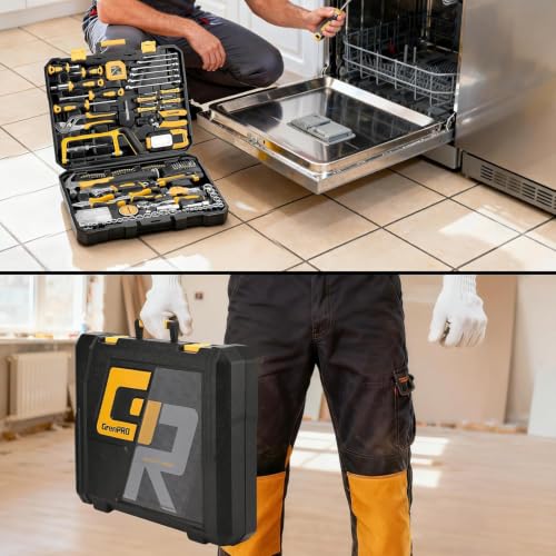 GRENPRO 218PCS Basic Auto Hand Tool Set Household Repair Tool Box Kit | Portable Tool Box, CR-V Steel, Complete Kit, Anti-Drop Slots, Household DIY, Auto Motorcycle, Home Garage For Men & Women - style: Yellow Hand Tool Set 218PC