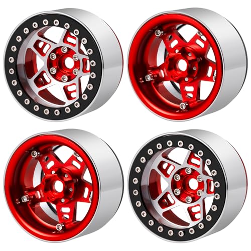 MOHERO 4Pcs 2.2 Extended Beadlock Wheel Rims for 1/10 Axial SCX10 II 90046 and 1/14 MJX 14210 RC Crawler Car Upgrade Part (Red)