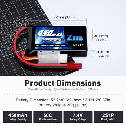 Zeee 2S Lipo Battery 450mAh 7.4V 50C with JST Plug (4 Pack) | Soft Pack RC Battery for FPV Drone Quadcopter Helicopter Airplane RC Boat RC Car RC Models