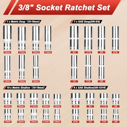 Egofine 117 Pieces 1/4 & 3/8 inch Drive Socket Ratchet Wrench Set, Metric/SAE Size, with Bit Socket Set and Extension Bar for Auto Repairing and Household, with Storage Case - style: 3/8" & 1/4" 117 PCS with 72 Teeth Ratchet