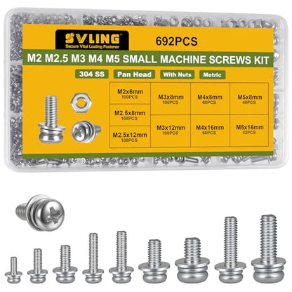 692Pcs Machine Screws Assortment Kit,Metric Nut and Bolt Assorted M2 M2.5 M3 M4 M5,304 Stainless Steel Phillips Pan Head Small Combination Screw with Fixed Washers(All-in-One Design) - size: M2/2.5/3/4/5 692PCS Machine SS