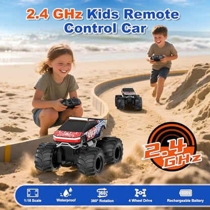 TOZDTO Remote Control Car, Amphibious Monster Truck Toys for Boys RC Cars, 2.4 GHz Waterproof RC Trucks, 1:18 4WD All Terrain Off-Road Pickup, Cool Christmas Birthday Ideas Gifts for Kids 6+ Year Old - color: Red