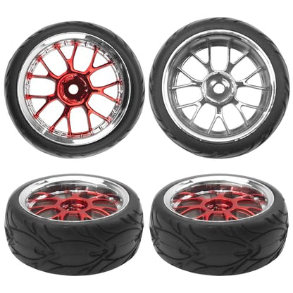 ShareGoo Plastics Wheel Rims w/Rubber Tire RC 12mm Hex Hub Compatible with HSP Tamiya XV01 TT01 Kyosho Traxxas Sakura WLtoys HSP 3Racing 1/10 RC On-Road Racing Touring Car (Red) - color: Red