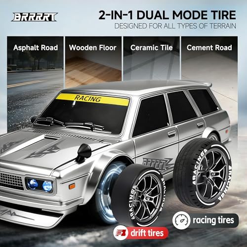 4WD High Speed RC Drift Car,1:24 Remote Control Car,20KM/H Mini RC Drift Car with LED Lights,Adjustable High Speed/Low Speed Drift Car,Extra Drifting Tires,Birthday Gifts for Kids Gift 6+ - style: Silvery Drift Car