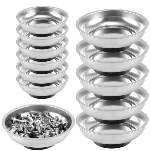 FUNSUEI 12 Packs 6 Inch and 3 Inch Magnetic Tray Set, Stainless Steel Magnetic Bowl, Round Magnetic Parts Tray for Pins, Screws, Bolts, Nuts, Small Parts - color: Silver, size: 12PCS 3/6In