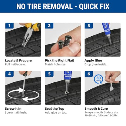 AUTOWN 47PCS Tire Repair Rubber Nail Kit - Complete Screw Plug Kit with Glue, Fast Fix for Flat Tires on Car, Truck, Motorcycle, SUV & More - size: 47PCS