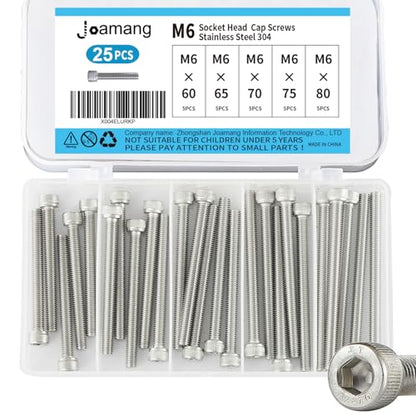 M6 x 60mm 65mm 70mm 75mm 80mm Socket Head Cap Screws Bolts, Stainless Steel 304, Metric Allen Hex Drive, Bright Finish, Fully Threaded, Assortment Kit 25PCS - size: Socket M6x60-80mm