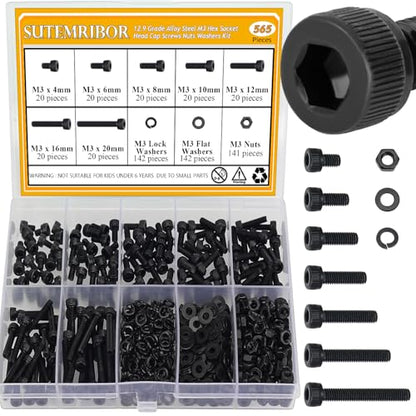 565 Pieces M3 Screws Nuts Washers Set Black, Sutemribor M3 x 4/6/8/10/12/16/20mm Hex Socket Head Cap Screws Nuts Washers Assortment Kit, 12.9 Grade Alloy Steel, Fully Threaded - size: M3, style: Socket Head
